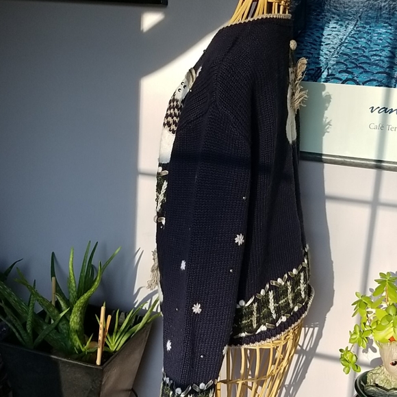 Vintage Holiday Christmas Embroidered Snowman Blue Button Down Sweater - Picture 2 of 7